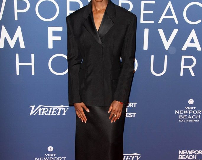 Letitia Wright Masters All-Black Style in Sharp Blazer & Prada Sandals at Newport Beach Film Festival