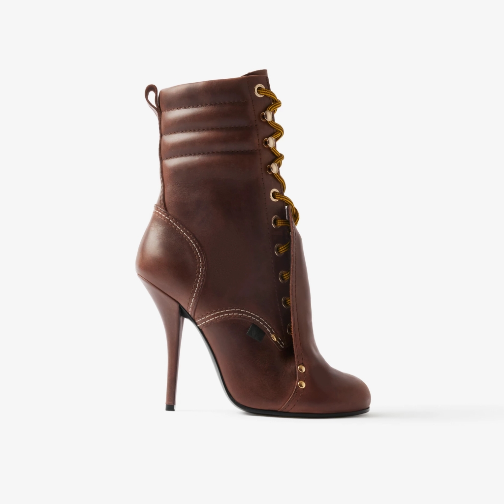 Burberry "Lace Guard" detail leather ankle boots in brown.