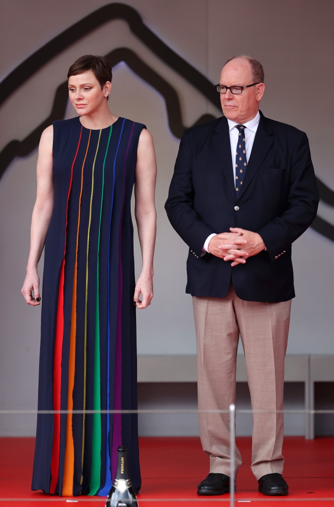 MONTE-CARLO, MONACO - MAY 28: Prince Albert of  Monaco and Princess Charlene of Monaco are seen on the podium during the F1 Grand Prix of Monaco at Circuit de Monaco on May 28, 2023 in Monte-Carlo, Monaco. (Photo by Ryan Pierse/Getty Images)